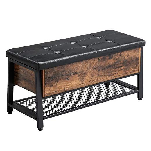 VASAGLE Banco para Zapatos, Taburete para Cama de Estilo Industrial, Zapatero con Asiento Acolchado y Estante, para Sala de Estar, Dormitorio, Marco de Acero, Marrón Rústico y Negro LSB47BX