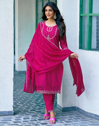 Image of SIRIL Women's Rayon Viscose Sequence Embroidery Work Straight Kurta Pant with Dupatta Set