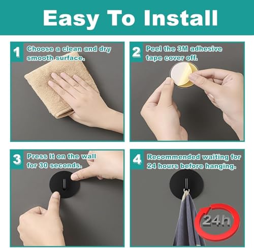 Image of JD FRESH 4 Pcs Self-Adhesive Stainless-Steel Wall Hooks for Hanging /Heavy Duty Waterproof Wall Hangers /Without Drill Sticky Hooks for Kitchen, Bathroom, Door and Office (J-Hook, Black-Round)