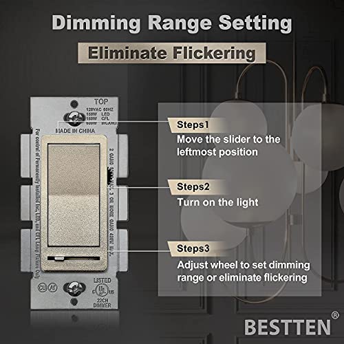 [20 Pack] Bestten Champagne Gold Dimmer Wall Light Switch With Screwless Wallplate, Single Pole Or 3-Way, Compatible With Dimmable Led, Cfl, Incandescent And Halogen Bulb, 120Vac, Ul/Cul Listed #TOP4