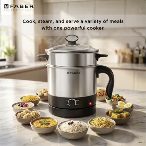 Image of Faber 600W 1.2L Multi Cooker + Steamer|Cook Noodles, Rice, Soup, Baby Food, Boil Veggies & Eggs|Steam Momos|SS204 Container & Steamer, Egg Boiler Stand, Lid|Temp Control Knob|FMC1.2L PRO Steamer SS
