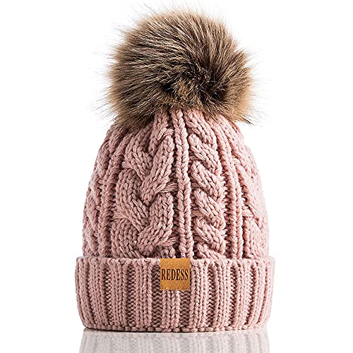 REDESS Women Winter Pompom Beanie Hat with Warm Fleece Lined, Thick Slouchy Snow Knit Skull Ski Cap