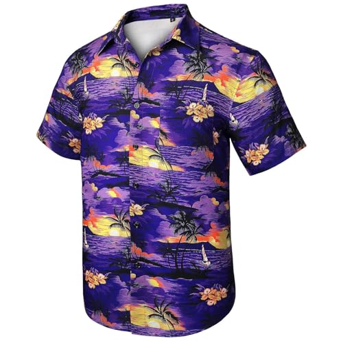 Camisa hawaiana para hombre, manga corta, casual, estampado tropical, ligera, transpirable, ajuste relajado para playa, vacaciones, verano, Morado (, 5XL