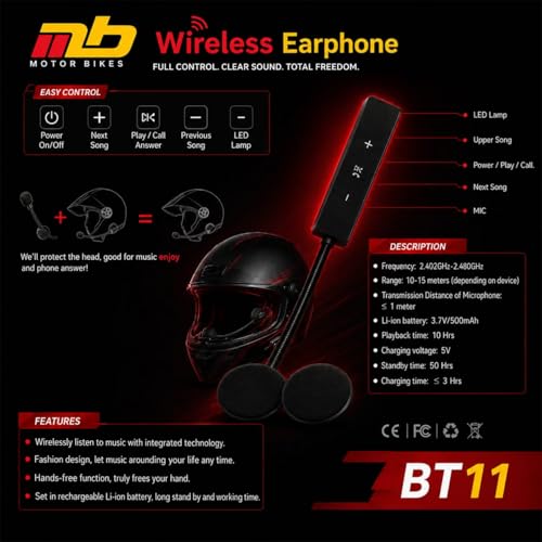 Image of Wireless Helmet Bluetooth Headset with Mic and Type C Charging | Hd Music Hands Free Calling and Voice Assistant | Universal Fit Motorcycle Helmet Bluetooth Device Black