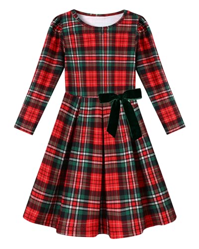ZOEREA Mädchen Kleid mit Falten Langarm Kleider für Kinder Weihnachtskleid Festlich Herbst Winter Kariert Rot 10-12 Jahre