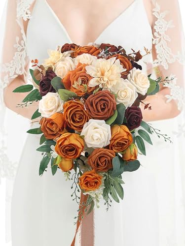 Rinlong 13" Wide Fall Cascading Wedding Bouquets for Bride Terracotta Cascade Boho Bridal Bouquet for Wedding Burnt Orange Artificial Silk Flowers Bouquet