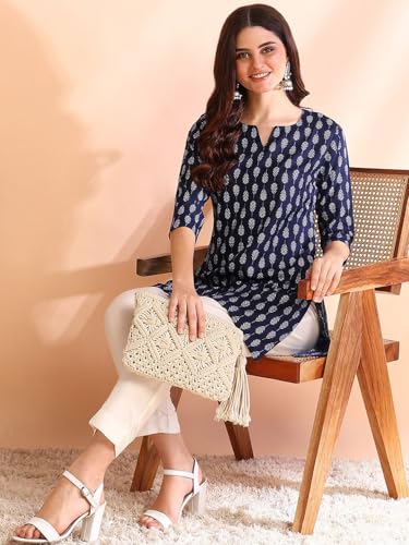 Image of Pinkmint Women's Printed Cotton Blend Short Kurti with 3 /4th Sleeve & Notch Neck l Casual & Office Wear Tunic Shirt Kurti