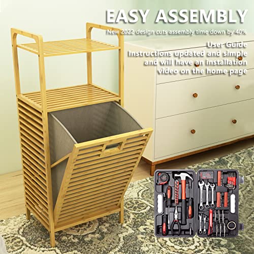Bamboo Laundry Hamper Basket With Liner Bag Storage - Clothes Hamper With Handles 2-Tier Shelves Space Saving Laundry Room Shelves For Bathroom Living Room Bedroom Decorate #TOP3