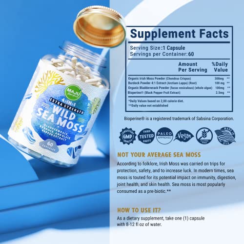 MAJU 4-in-1 Organic Sea Moss Capsules, Wild Chondrus Crispus, Seamoss w/Bladderwrack + Burdock Root, Stronger Than Gel, Irish, Sebi Inspired Raw Powder in Pills, 500 mg Capsule (60 ct) - Image 6