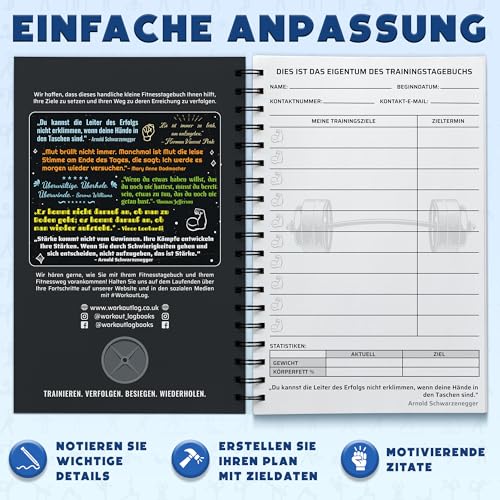 Fitness-Logbuch – Deutsche Sprache – Trainingsplaner – A5-Format, Grau Schwarz – Trainingstagebuch – Zielsetzung für Bodybuilding – von Workout Log