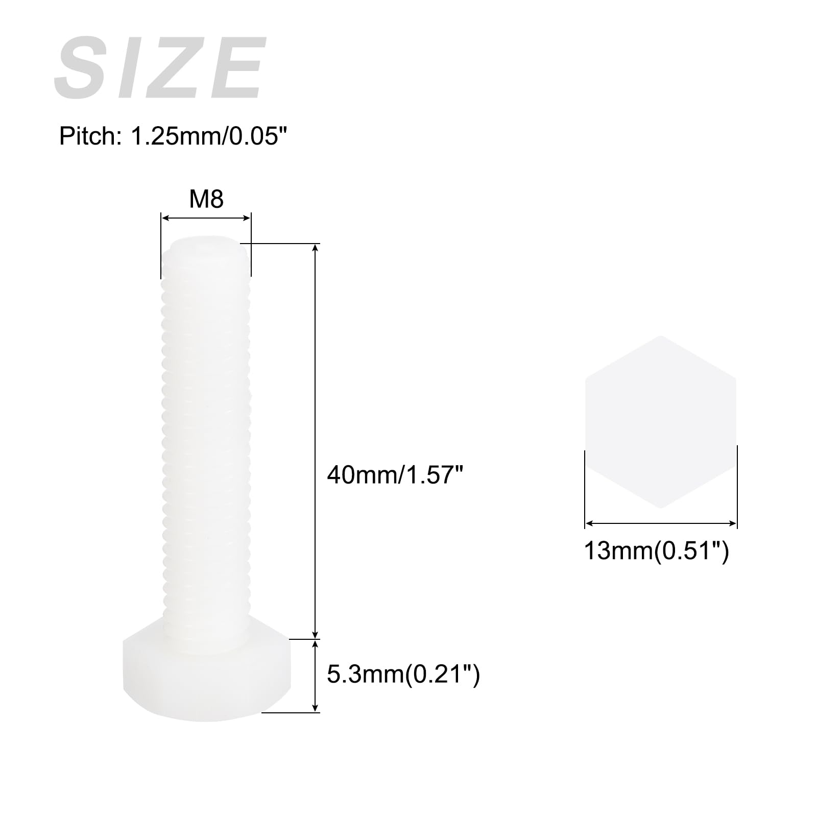 METALLIXITY Nylon Hex Bolts (M8-1.25x40mm) 30Pcs, Plastic Coarse Fully Threaded Metric Hex Head Cap Screw Bolt - Image 2