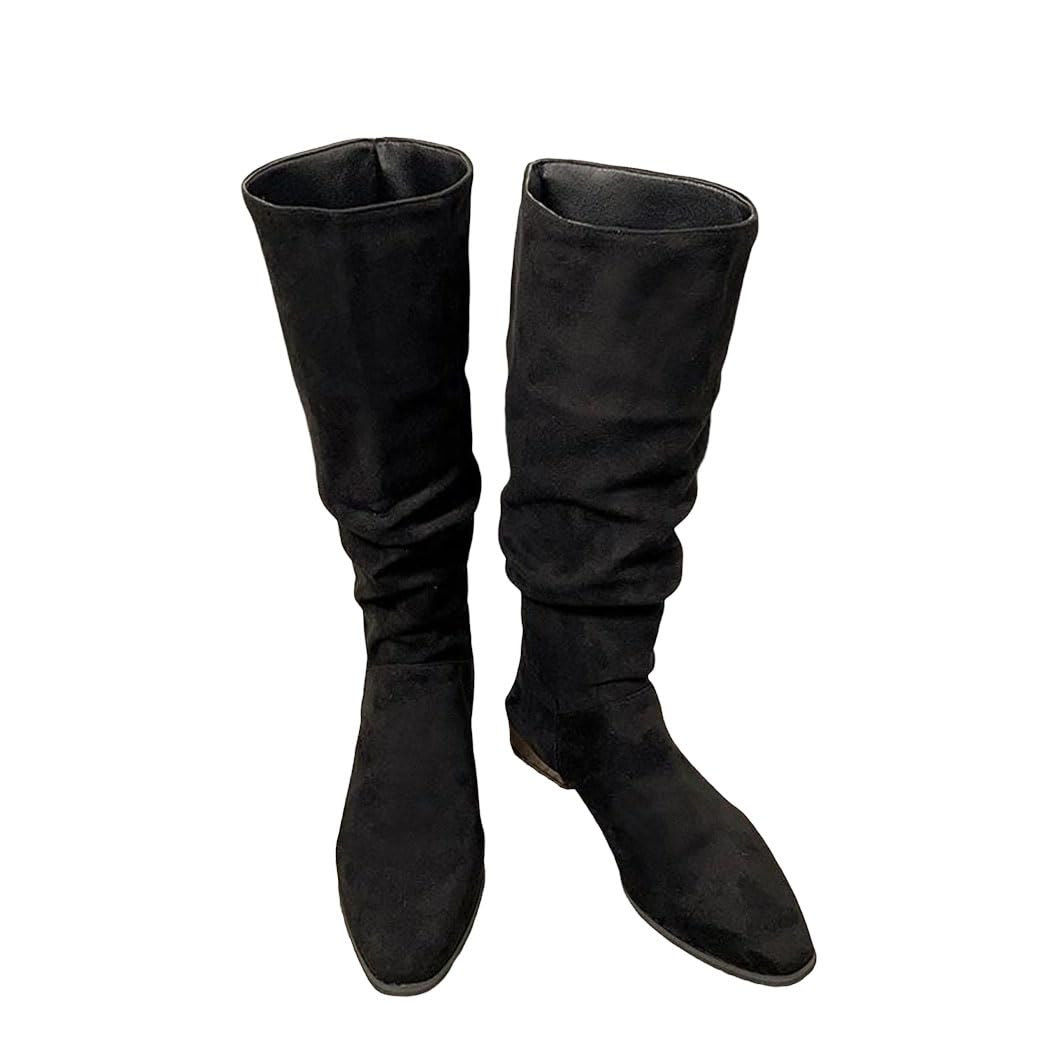 Womens Vintage Pleated Knee High Boots Low Heels Pointed Toe Autumn Winter Knight Long Shoes
