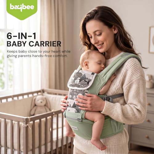 Image of Baybee 6-in-1 Baby Carrier for 0 to 3 Years with Hip Seat, Kangaroo Bag, Lumbar Waist Support, Breathable Mesh, Utility Pocket & Bottle Holder, Weight Up to 15 Kgs (Green)