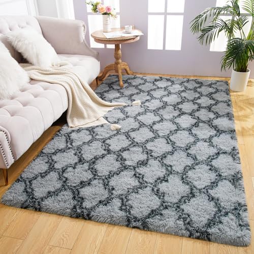 5x8 Feet Soft Plush Shaggy Rug for Bedroom,Grey and Black Modern Geometric Area Rugs for Living Room, Apartment, Girls Boys Room Fluffy Indoor Floor Carpet for Dorm Cozy Home Decor