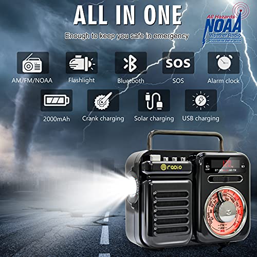 Daringsnail Emergency Noaa Weather Radio, Solar Crank Bluetooth Radio With 2000Mah Power Bank, Portable Cell Phone Charger Radio With Sos, Alarm Clock, Tf Card, Aux, For Home And Survival #TOP1