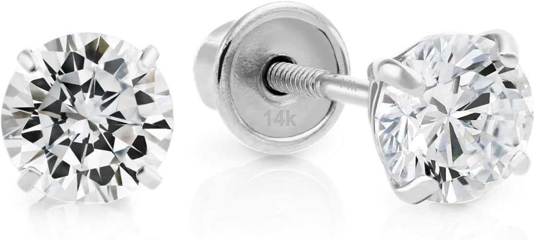 14k White Gold Made with Cubic Zirconia Solitaire Stud Earrings with Secure Screw-backs