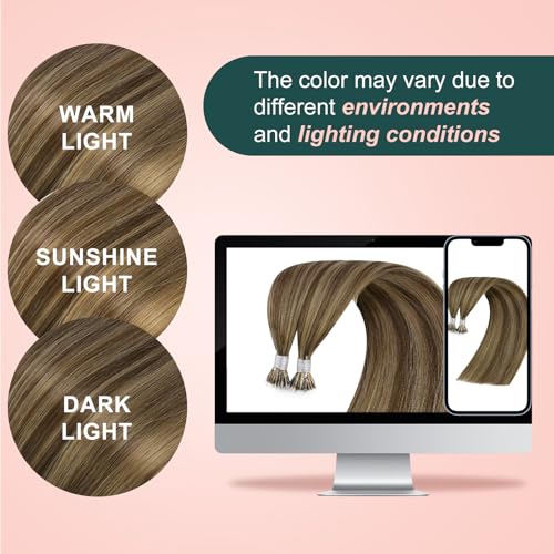 Image of Easyouth 22 Inch Nano Bead Human Hair extensions Highlight, 50G 50S, Medium Brown Highlight Caramel Blonde, Ombre Nano Tip Hair Extension Real Human Hair Lightweight, for Long Straight Hair