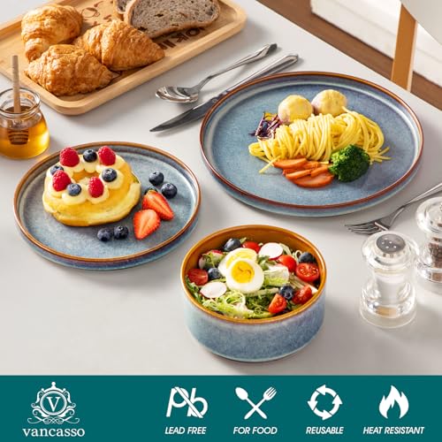 Image of vancasso ONION Ceramic Plates and Bowls Sets, 24 Pieces Blue Dinnerware Sets for Kitchen, Reactive Glaze Dishes Set for 8, Dishwasher and Microwave Safe