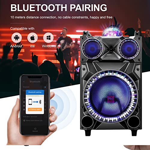 Portable Bluetooth Speakers, Karaoke Machine With Dj Led Lights Party Pa System With 12" Woofers & 3" Tweeter, Wired Microphone Remote Control, Support Sd, Fm, Usb, Aux Audio Input #TOP4