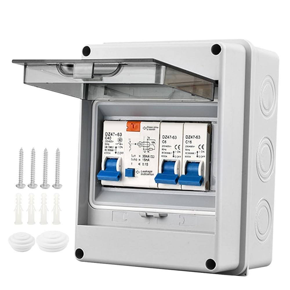 2 Way Consumer Unit Circuit Breaker, IP65 Weatherproof Garage Consumer Unit, Anti-Leakage Fuse Box with Circuit Protection, for Garages Caravans Workshops, 40A 30mA RCD 6A+16A MCB