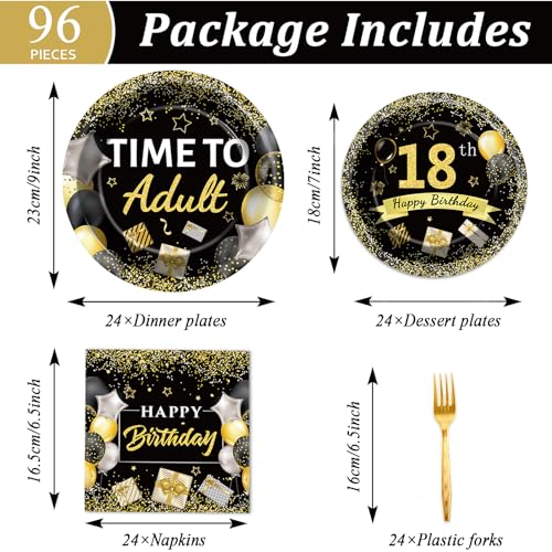 Image of 96 Pcs 18th Birthday Party Plates and Napkins Party Supplies Time To Adult 18 Years Old Birthday Party Tableware Set Black Gold 18th Birthday Decorations Favors for Boys Girls for 24 Guests