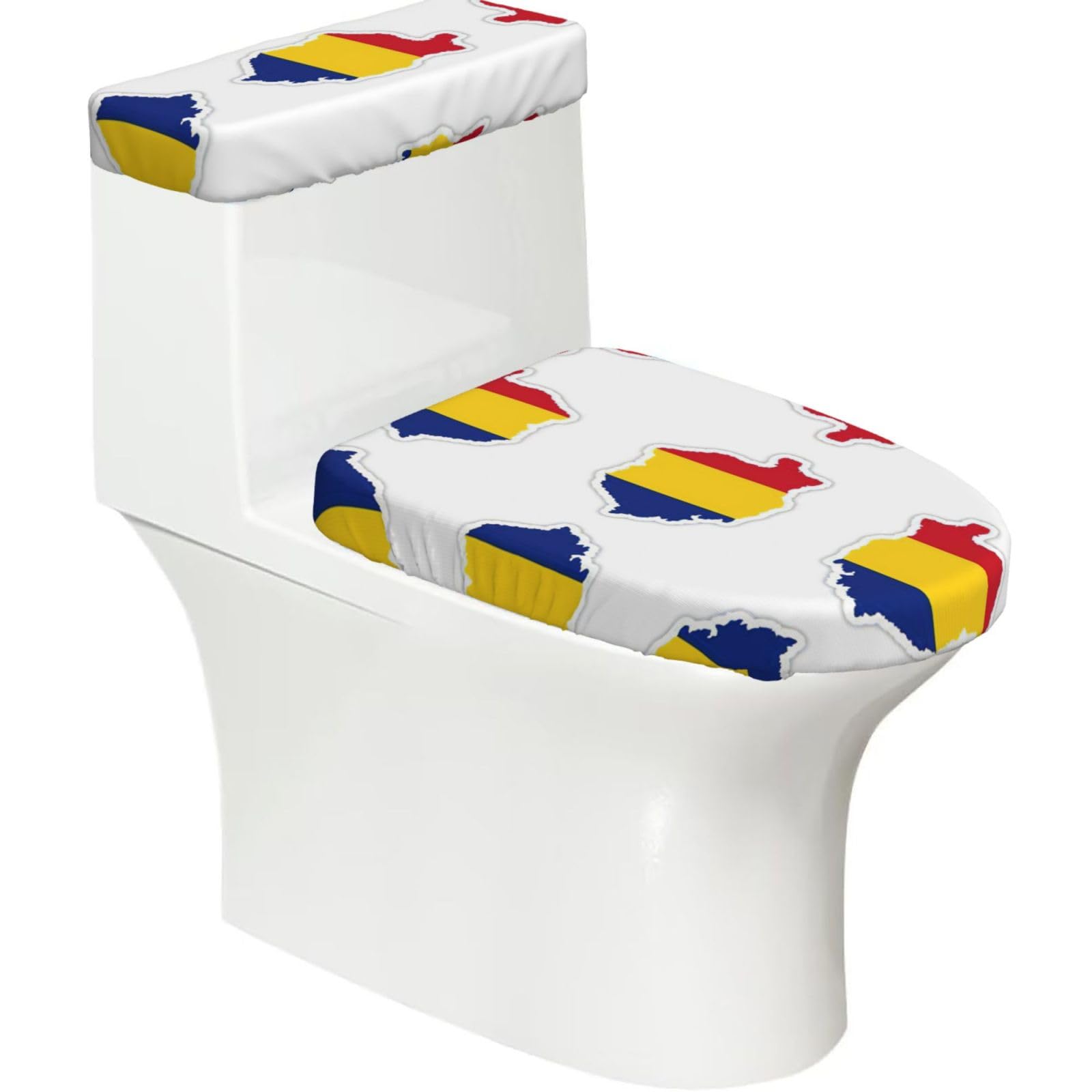 Romania Flag Map Print Toilet Lid Cover And Tank Lid Cover For Bathroom With Elastic Bottom, Bathroom Decoration