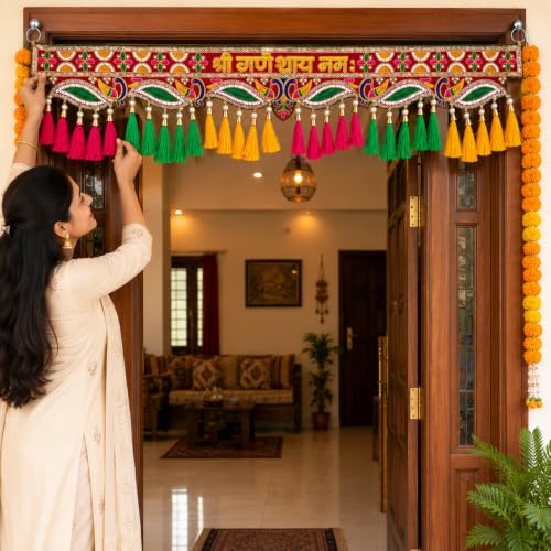 Image of ONESTA Handcrafted Shubh Labh Door Toran Bandhanwar with Swastik & Mirror Work | Traditional Main Door Hanging with Tassels | Decorative Toran for Diwali Pooja Temple Griha Pravesh & Home Entrance (3 Feet Size 36 Inch Pack 01)