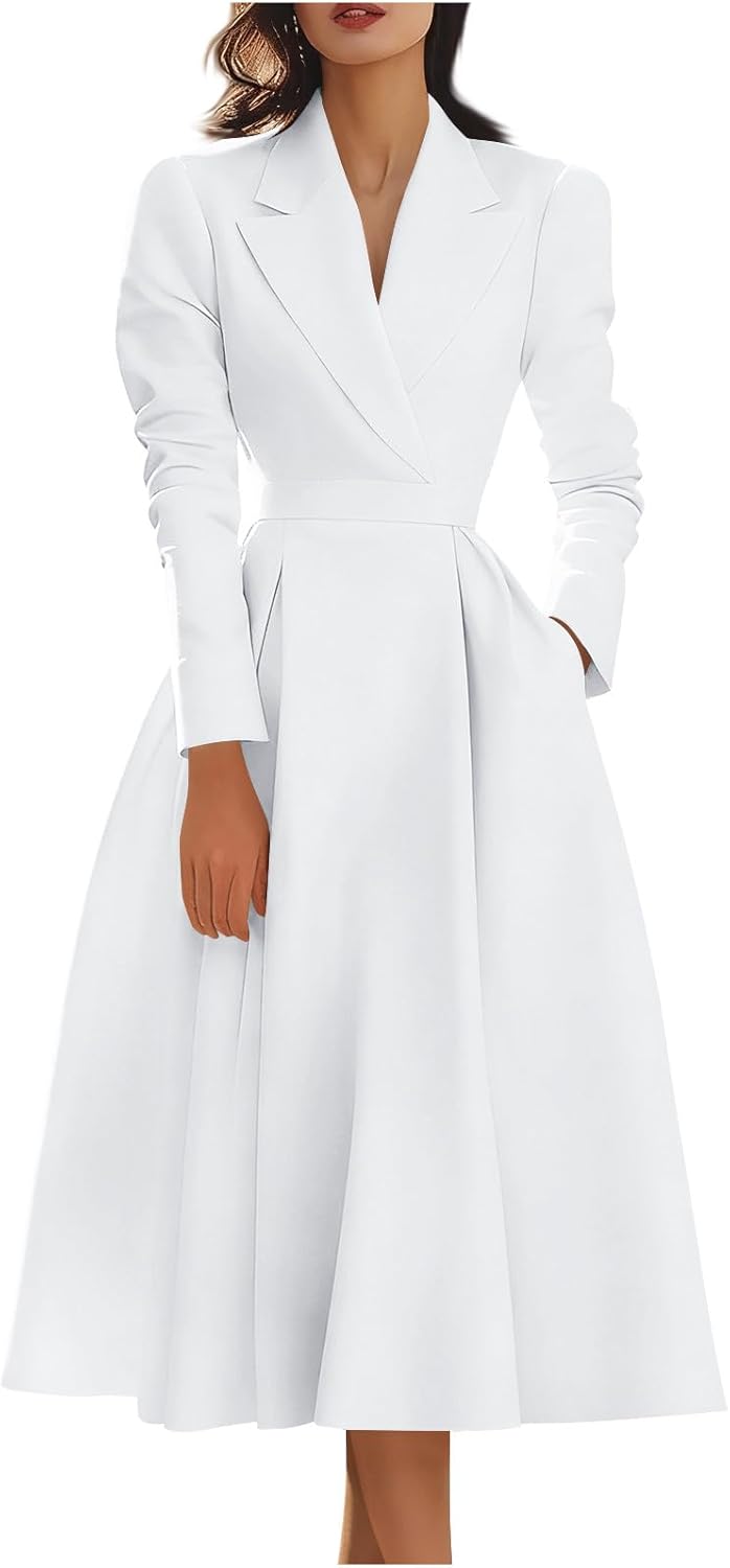 Long Sleeve Elegant Dress for Women Notched Lapel Business Casual Clothes with Pocket Work Spring Blazer Midi Dress