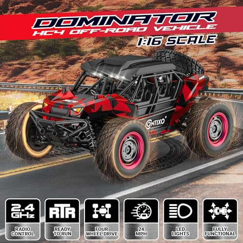 Contixo HC4 1:16 All Terrain RC Stunt Car, 25MPH 4WD Off-Road Remote Control Trucks with 2.4GHz Radio, LED Lights, Shock Absorption & Waterproof Design, High-Speed Electric Vehicle Toys for Kids-Red