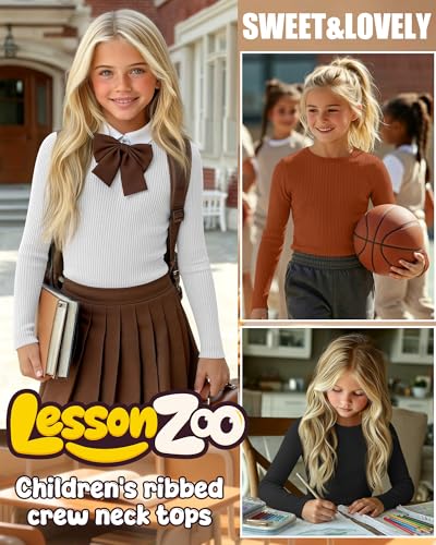 Image of 4 Pack Girls Long Sleeve Shirts Ribbed Knit Cotton Crewneck Tops Slim Fit Soft Casual Kids Base Layer Undershirts