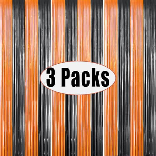 3 Packs 3.3ft x 6.6ft Orange Black Metallic Tinsel Foil Fringe Curtains Photo Booth Props for Halloween Birthday Bridal Shower Baby Shower Bachelorette Holiday Celebration Party Decorations