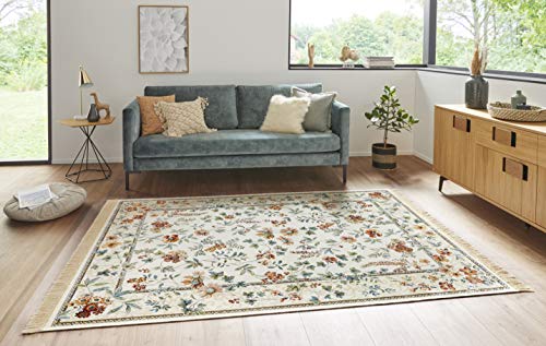 Nouristan Naveh Orient - Alfombra de salón de Pelo Corto con Flecos Vintage de Terciopelo Oriental para Comedor, salón, Dormitorio, Crema, 95 x 140 cm, rayón, 95 x 140 cm