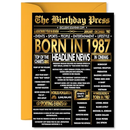 Gold 39th Birthday Card for Men Women - Black & Golden Newspaper Born in 1987 - Happy 39 Birthday Cards for Colleague Husband Friend Uncle Auntie Nephew, 5x7 Inch Bday Greeting Cards