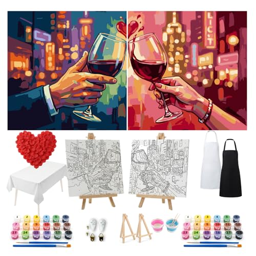 CT SUN Couples Paint by Numbers Kit for Adults - Romantic Toast 2-Pack Deluxe Sip and Paint Date Night Set - 2 Framed 10x10 Canvases Easels Aprons Buckets & Rose Petals(Deluxe Edition Toast)