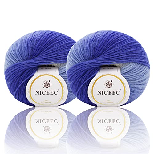 Image of NICEEC 2 Skeins Rainbow Soft Yarn 100% Wool Gradient Multi Color Yarn for Crocheting Knit Total Length 180mx2(196ydsx2,50gx2)-26#