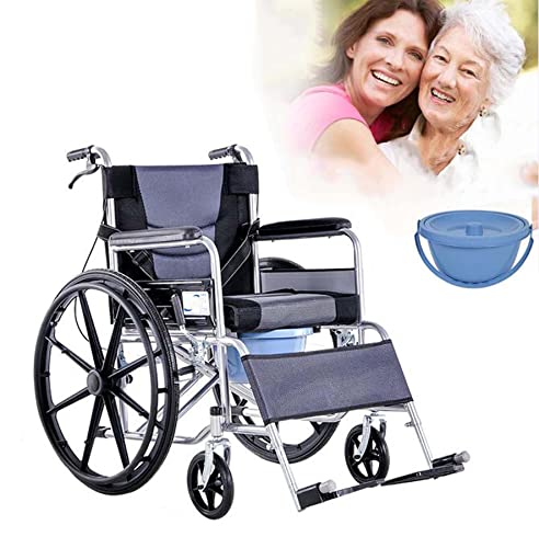 Bueuwe Light Transport Wheelchair, Easy-to-Carry Foldable Transport Chair, 18-inch seat, Toilet Wheelchair, Sport Reclining with Rocking footrests, Black Adult wheelchair-24"*7" Wheels (A)