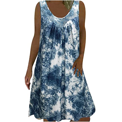 Plus Size Dress for Women UK Clearance Vintage Tie Dye Tank Dresses Sleeveless Midi Dress Casual Summer Loose Sundress Party Beach Boho Knee Length Dress Ladies Tunic Dresses Blue