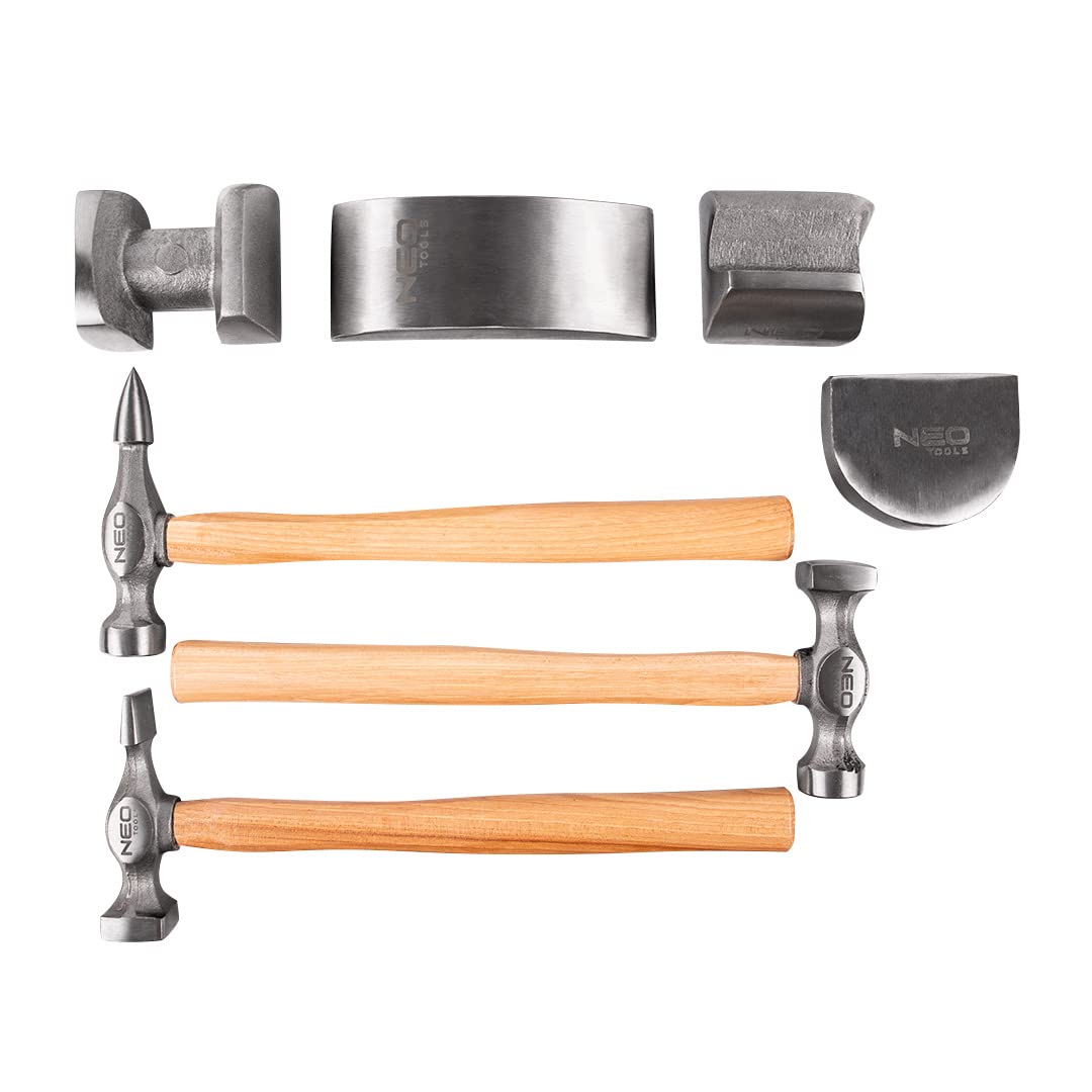 NEO TOOLS Blechhammer-Set: 3 Hämmer mit Holzgriff, 4 Unterlegscheiben zum Profilieren von Blechen