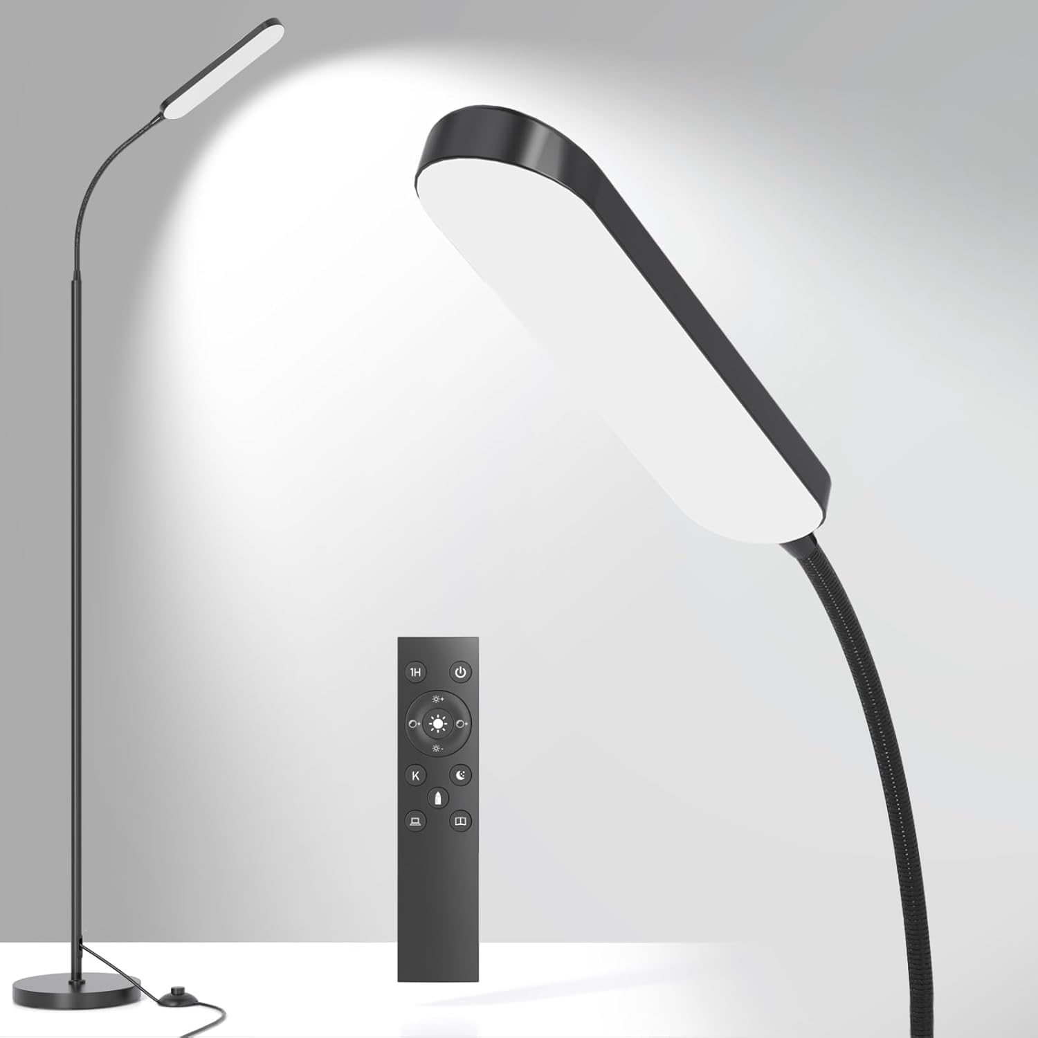 Floor Lamp, LED Floor Lamp with Remote Control Foot Switch for Living Room, Stepless Adjustable Colour Temperature Brightness Standing Lamp with Timer, Eye Caring Tall Lamp Reading for Bedroom,office