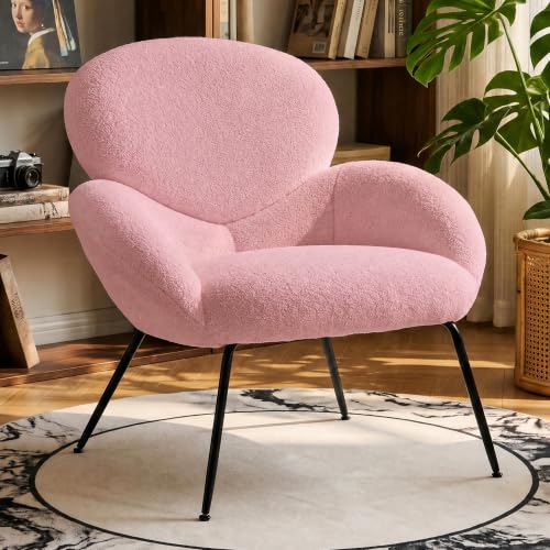 Image of Boucle Accent Chair with Cloud Backrest for Small Space, Pink | Small Reading Chair with Soft Textured Boucle Fabric, Modern Style, Comfy Cloud Backrest for Living Room, Bedroom, Cafe