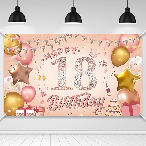 Happy 18th Birthday Banner compleanno fotografia sfondo decorazioni per feste di per ragazze donne per 18° 110 x 180 cm rosa oro
