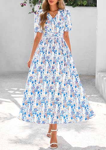 Image of PRETTYGARDEN Women's Summer Boho Maxi Dress 2025 Casual Floral V Neck Puff Short Sleeve Beach Vacation Flowy Long Sundresses