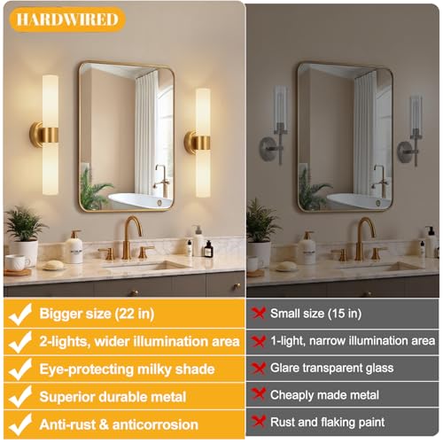 Image of Hardwired Wall Sconces Set of Two, Modern Bathroom Sconces Wall Lighting with Milky White Glass, Brushed Gold Sconces Wall Decor Set of 2 for Bathroom Mirror Bedroom Living Room Hallway