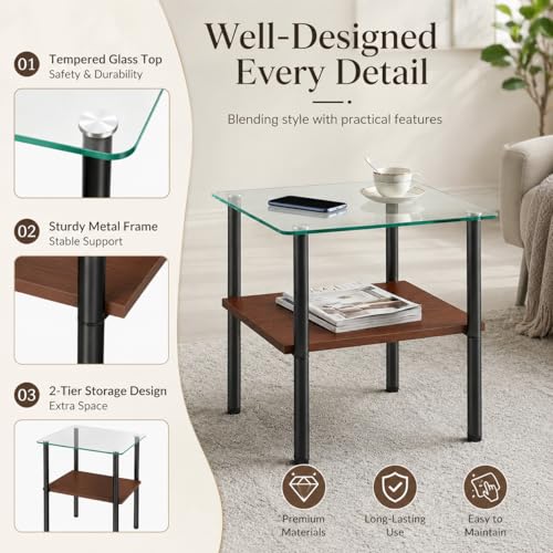 Image of Glass Side Table Set of 2, 16.3'' Small End Table, Square Sofa Side Table with Tempered Glass Top and Metal Legs, Minimalist Accent Table for Living Room, Bedroom, Easy Assembly