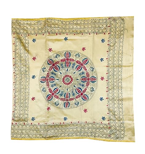 Image of SHRISTI CLOTHINGS Women's Hand Embroidered Cotton Silk Kantha Stitch Saree with Blouse Piece (J420924 LIGHTGOLDEND1)
