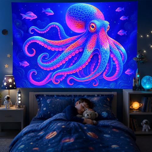 Image of BlissYard Neon Octopus Black Light Tapestry UV Reactive Psychedelic Ocean Deep Sea Wall Hanging for Living Room Bedroom Dorm Room Bar Party Decor 78x59 Inch