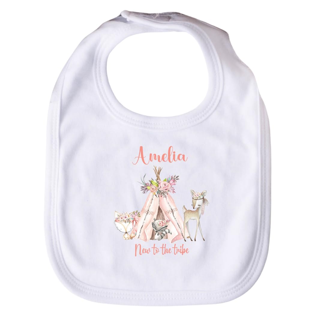 Hoolaroo Personalised New to the tribe Newborn Baby Bib 0 months + gift present new baby girl mum cute boho design pink