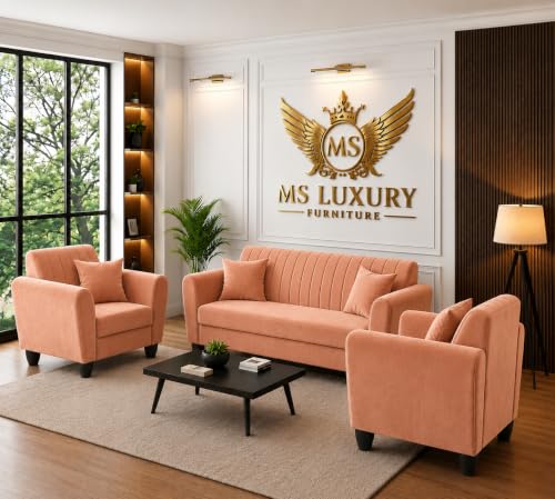 Image of MS Luxury FURNITRE Premium Luster 3-1-1 Sofa Set | 3 Seater | 5 Seater | Velvet Suede Fabric | 7 Colours with Sollid fibare Legs & 4 Cushion Free. (Peach, 3+1+1)
