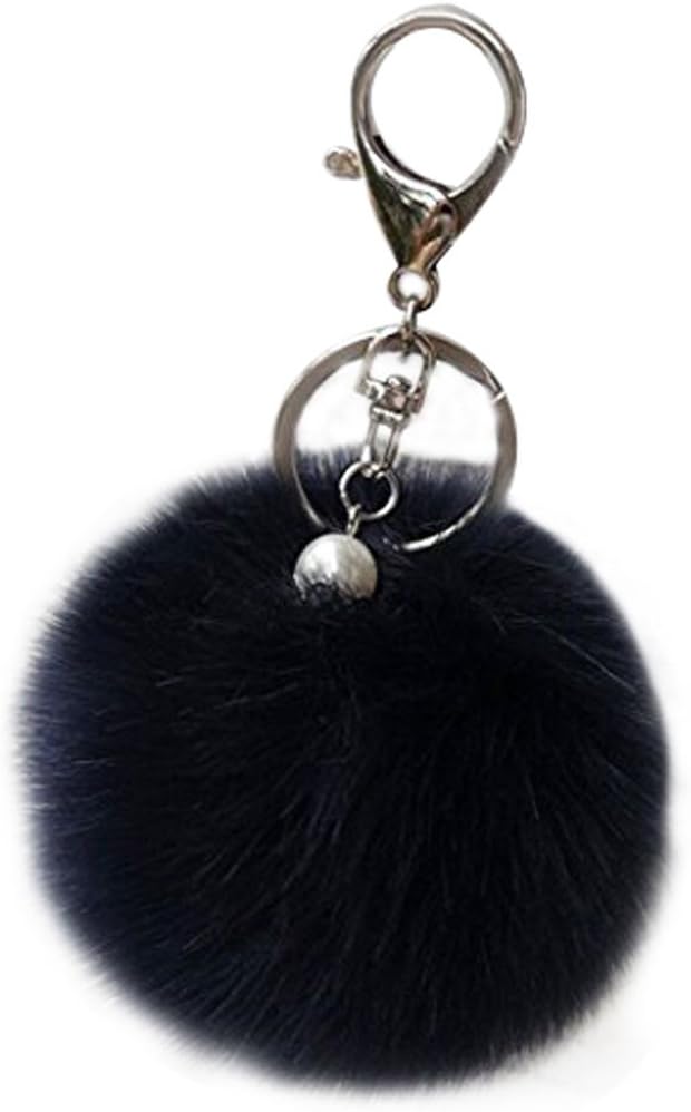 Shining crown Pom Pom KeyChain Fluffy Fur Ball Pearl Keyring Pendant Accessory Charm for Women Handbag Car Key with Giftbox,Deep Blue