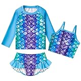 LQSZ Girls Rash Guard Sets Blue Shiny Mermaid Long Sleeves Swimsuit 3 Pieces Tankini Bathing Suit Swimwear for Girls Beach Summer 9 10t